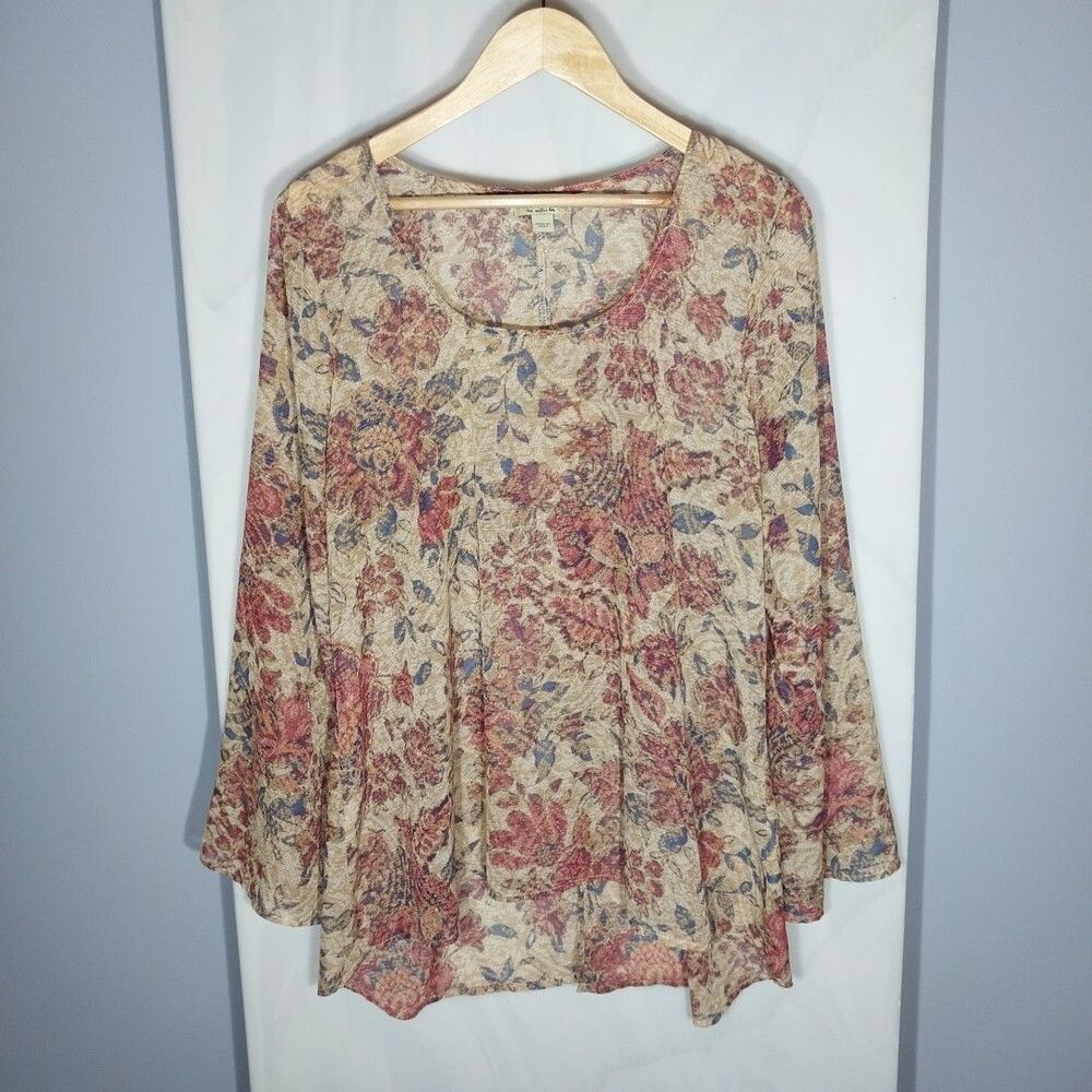 One World XL Sheer Floral High Low Tunic Top Bell Sleeve Boho Lightweight Blouse